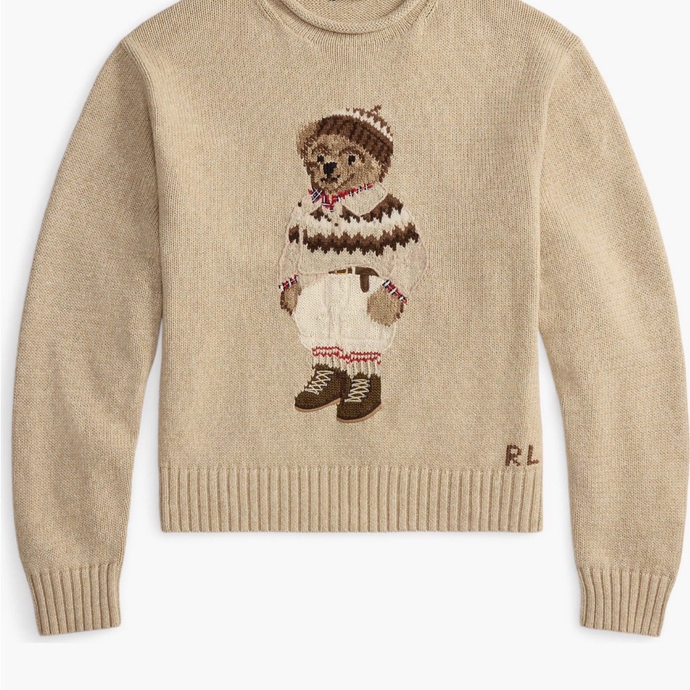 Polo Ralph Lauren Rolled Neck Cotton Sweater with Bear Motif in dark almond marl